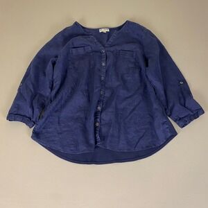 JM Collection Linen Blouse Top Button Down Woman Plus Size 16W Blue 3/4 Sleeve